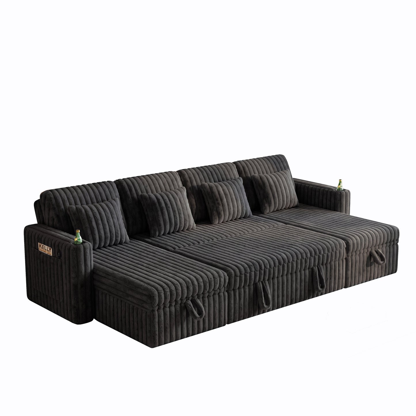 U shaped plush corduroy sleeper sectional in charcoal with ribbed upholstery on Tampa Home & Garden Store