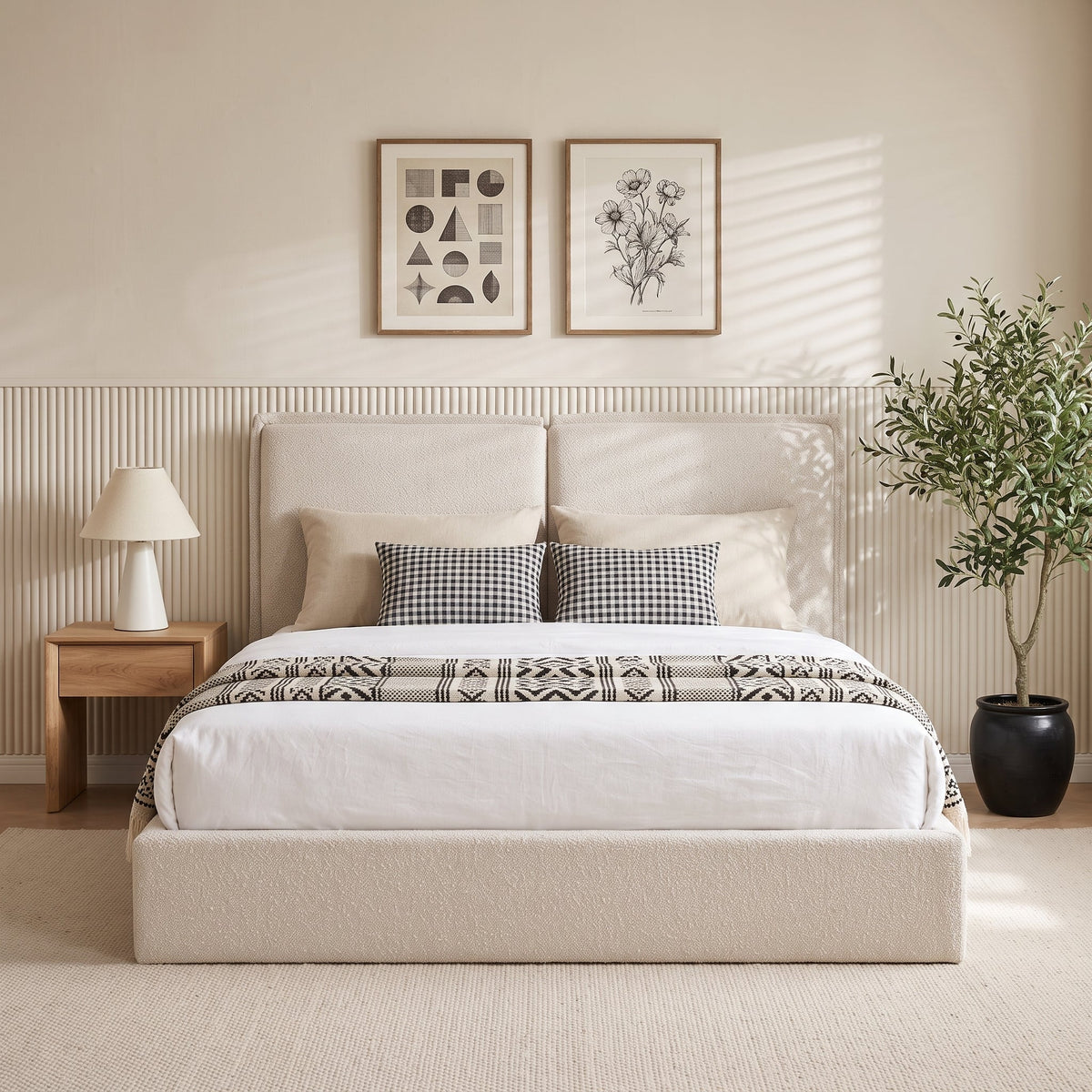 Double-Pillow Upholstered Bed in beige skin-friendly fabric with padded headboard on Tampa Home & Garden Store