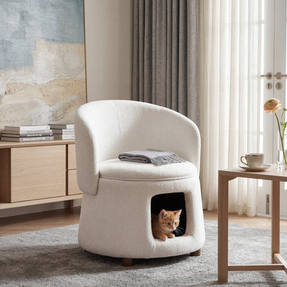 Beige pet chair with hidden cat nook, cat peeks from front; light wood legs in a cozy setup on Tampa Home & Garden Store