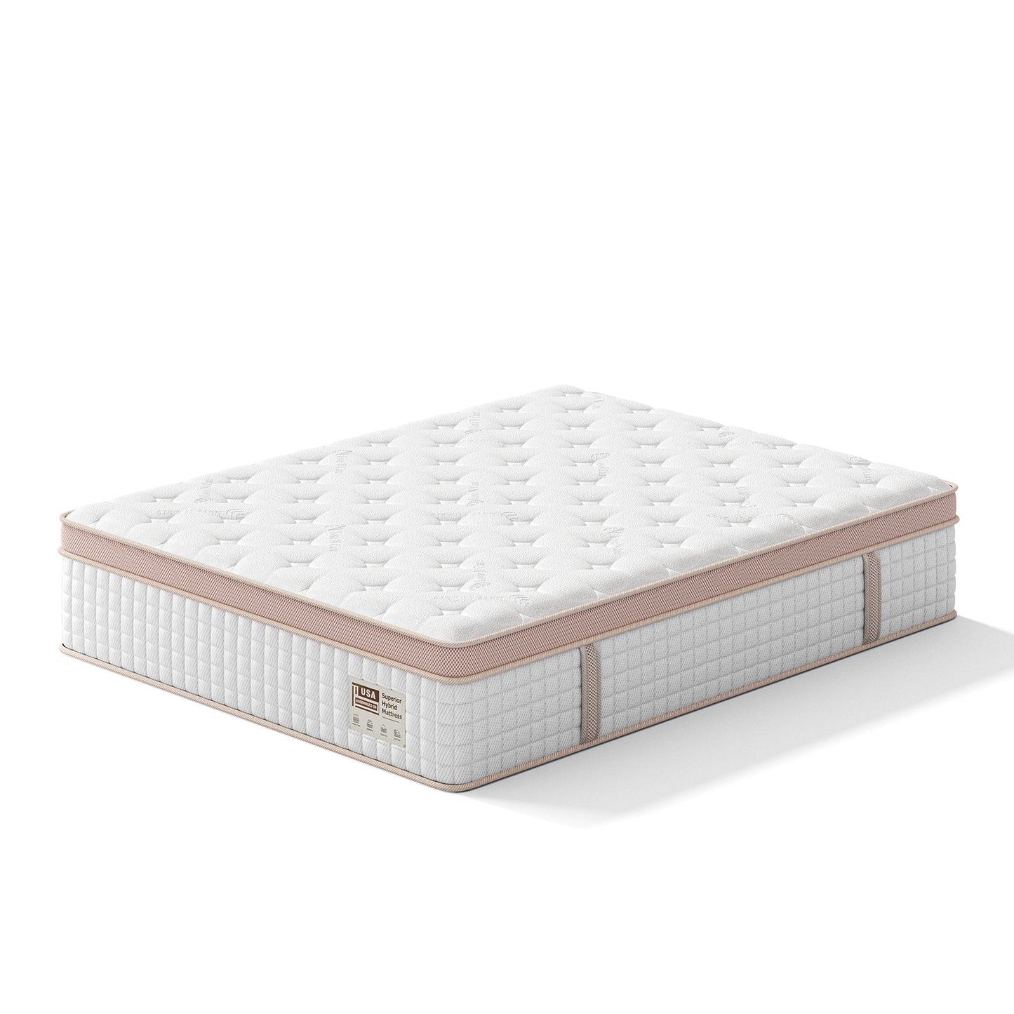 14 Inch Firm Hybrid Mattress Queen white quilted top with pink trim gray side panels HouseOfZazla on Tampa Home & Garden Store
