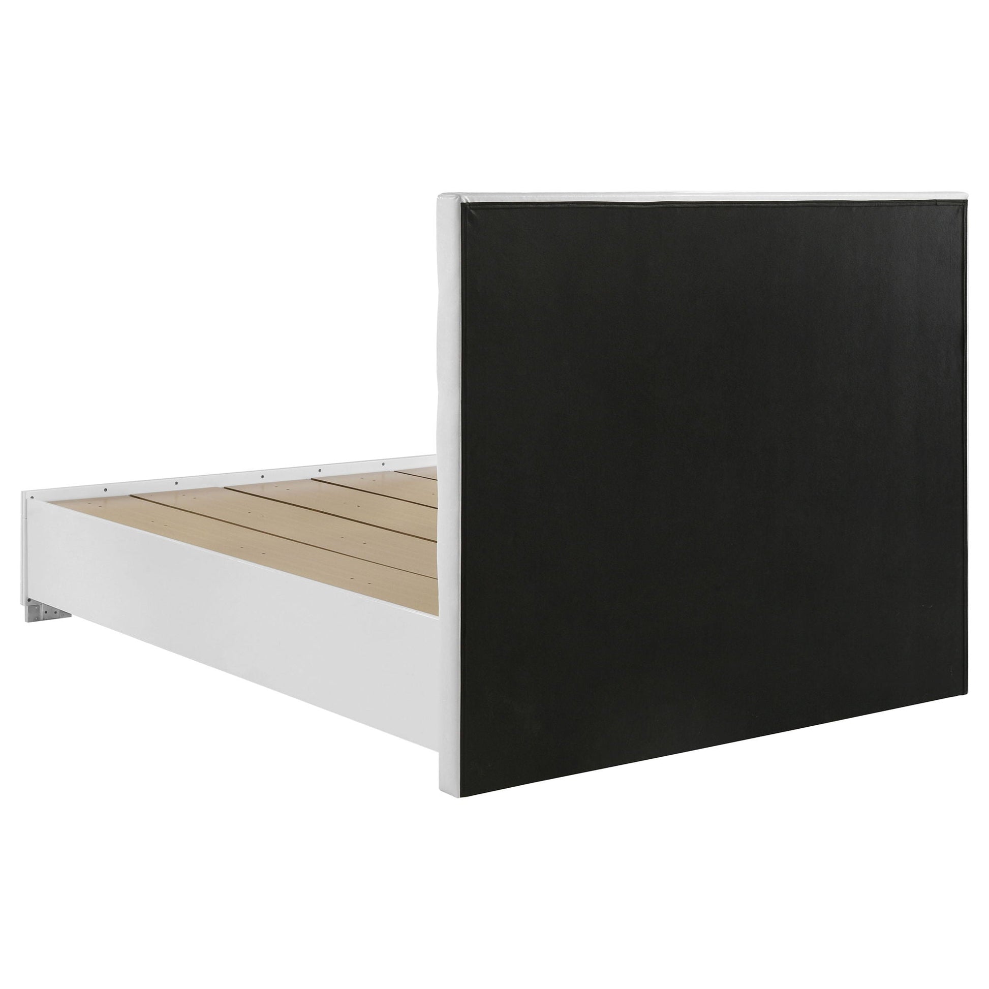 Dulcey storage bed white frame with black upholstered headboard, drawer open showing wood slats on Tampa Home & Garden Store
