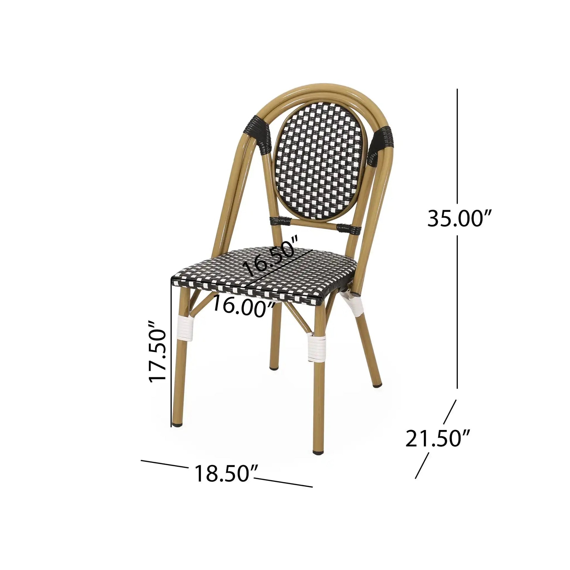 Outdoor Rattan and Aluminum French Bistro Chair Set, tan frame with black-and-white woven seat on Tampa Home & Garden Store