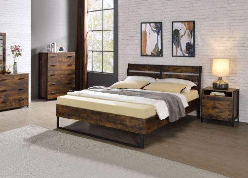 Juvanth Rustic Bed in dark wood with metal frame and dressers and nightstands, HouseOfZazla on Tampa Home & Garden Store