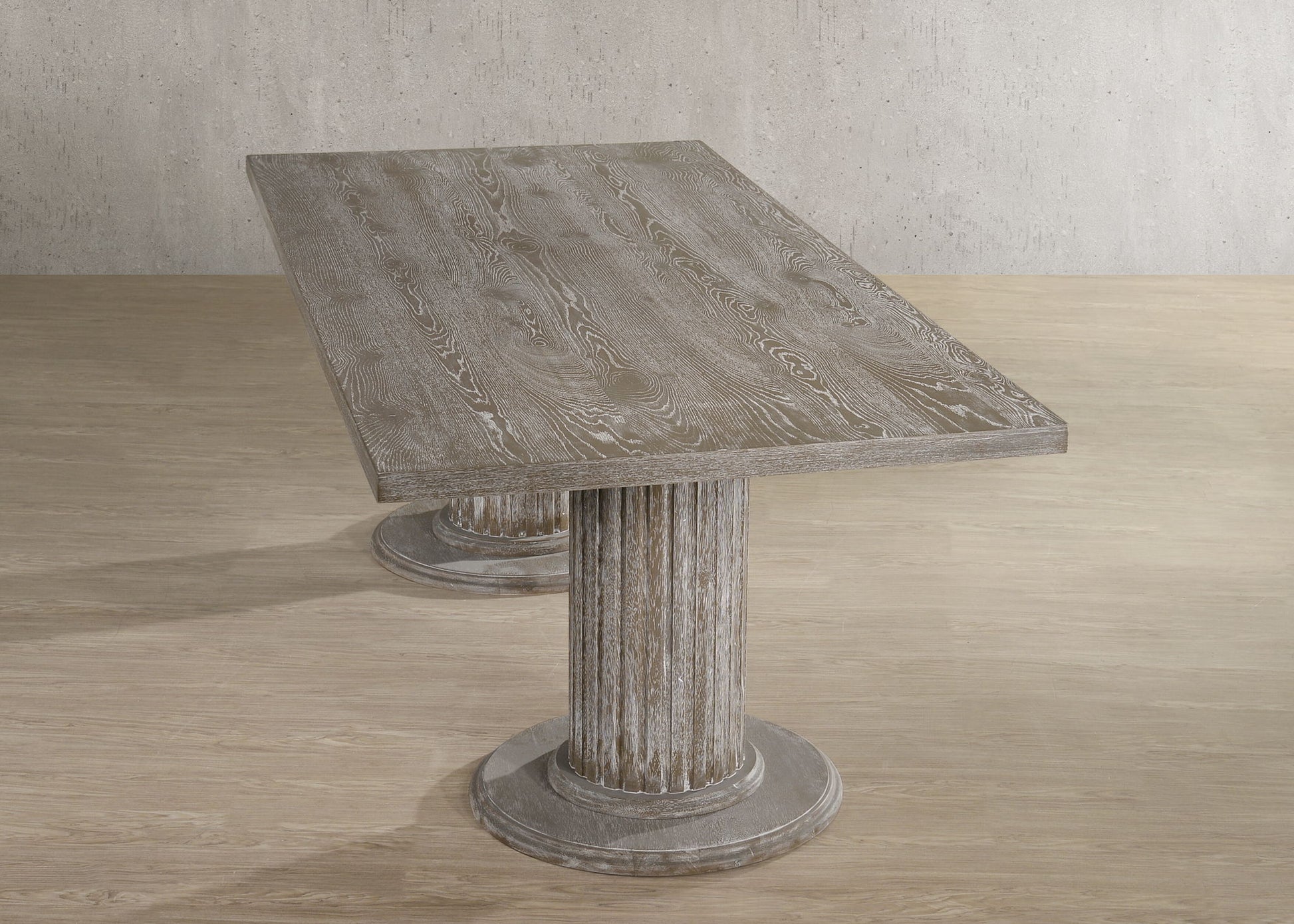 Gabrian reclaimed gray wood dining table with rustic grain and pedestal base on Tampa Home & Garden Store