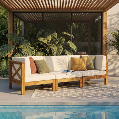 Brava X-Back 3 Seater Outdoor Sectional Sofa Set white cushions, wooden frame HouseOfZazla on Tampa Home & Garden Store
