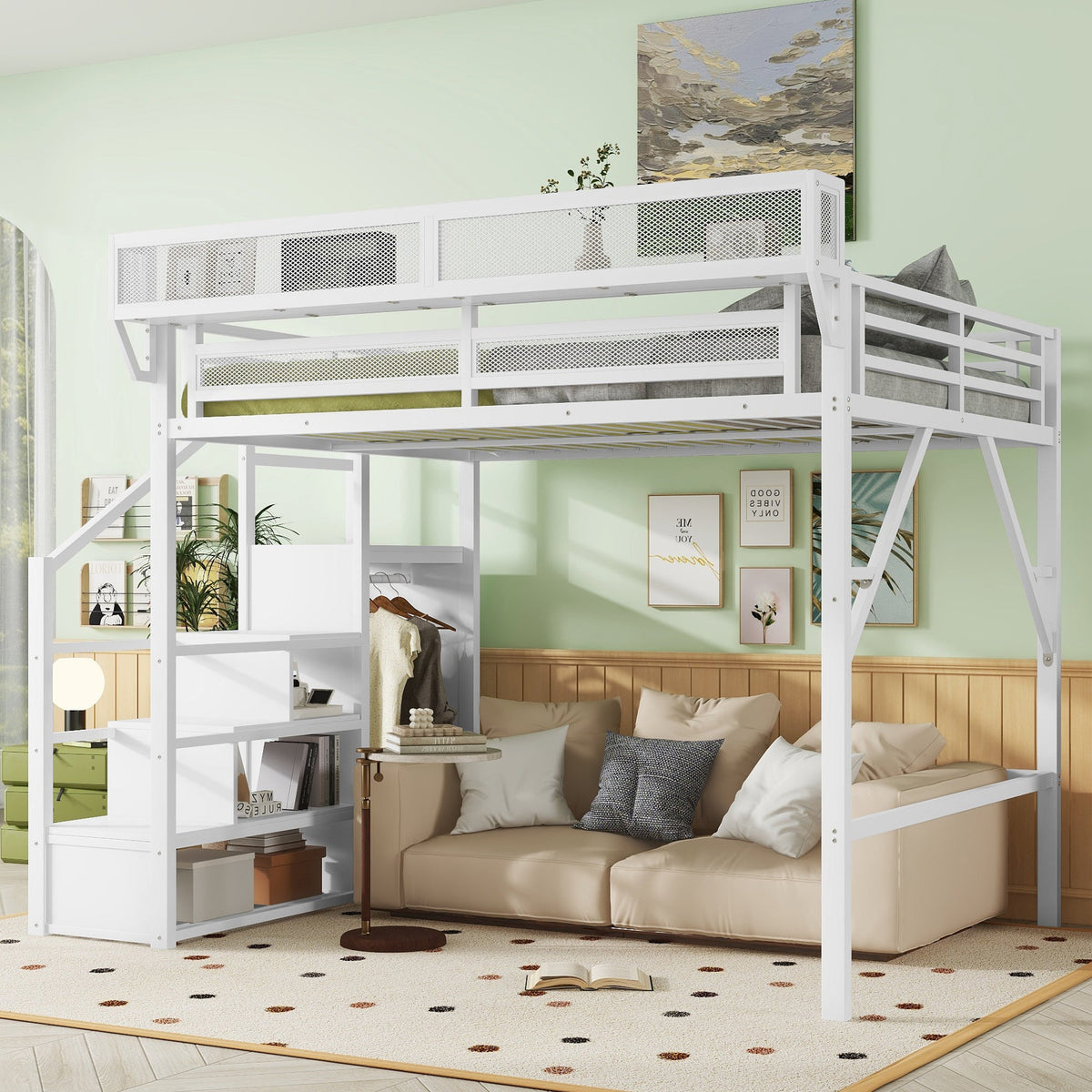 Queen Size Loft Bed with Stairs in white metal frame with storage shelves by HouseOfZazla on Tampa Home & Garden Store