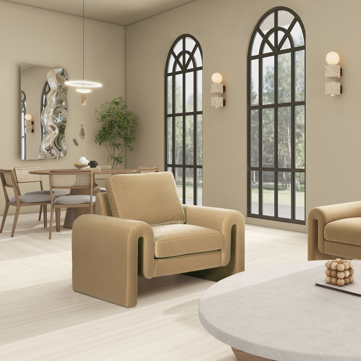 Arched Arm Chair in camel brown beige performance velvet by HouseOfZazla on Tampa Home & Garden Store