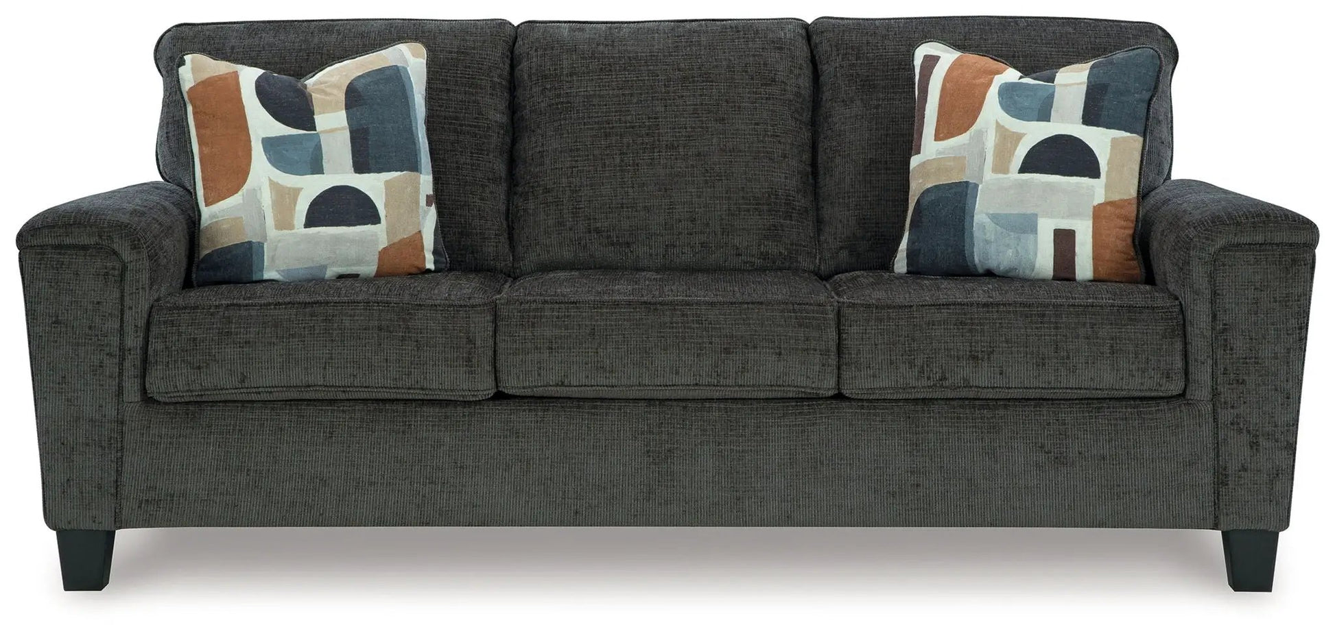 Erinslane stationary sofa in dark gray fabric with two abstract-pattern throw pillows on Tampa Home & Garden Store