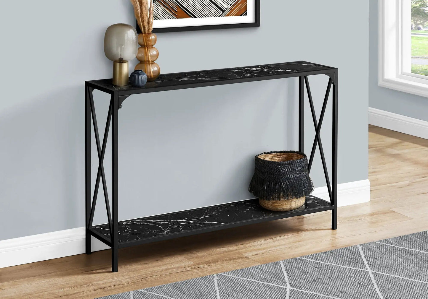 Accent console table with black marble top and black metal frame, contemporary design on Tampa Home & Garden Store