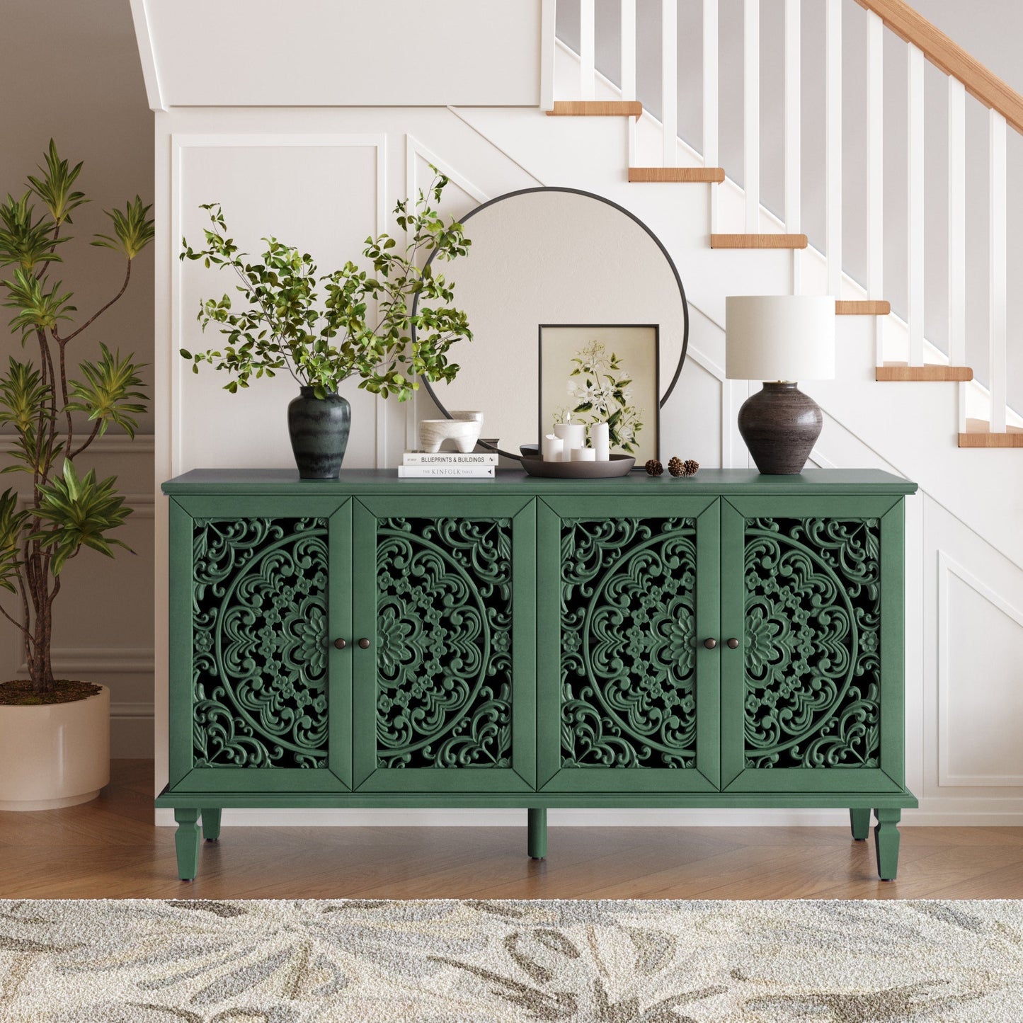60' Antique Buffet Cabinet with Floral Carvings, green carved wood panels by HouseOfZazla on Tampa Home & Garden Store