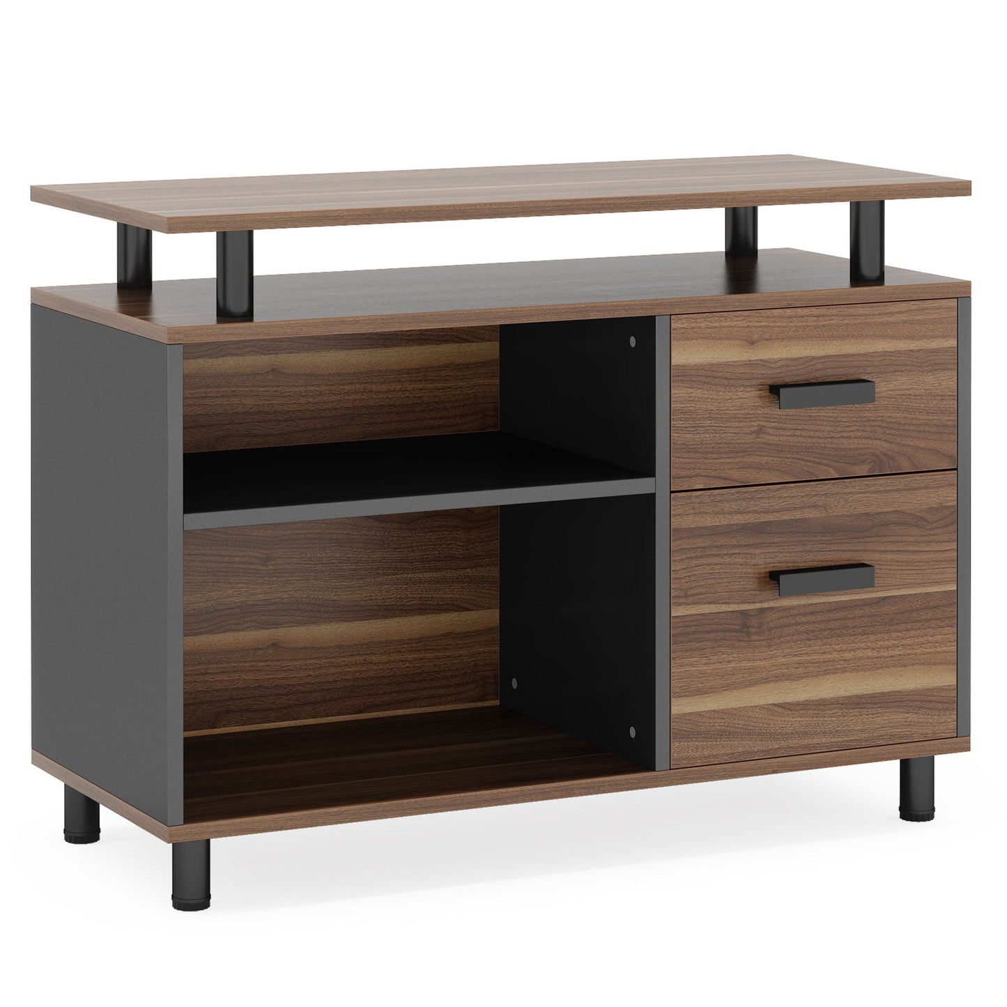 L-Shaped executive desk with file cabinet, drawers and shelves in woodgrain and gray finish on Tampa Home & Garden Store