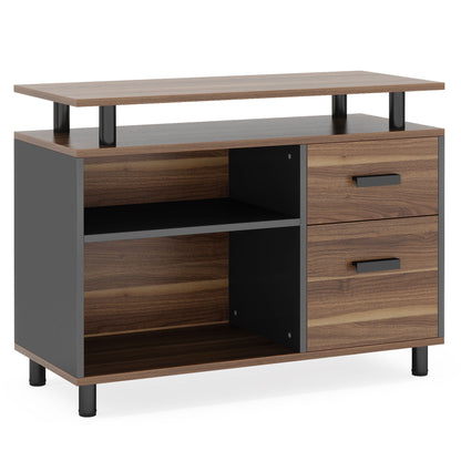 L-Shaped executive desk with file cabinet, drawers and shelves in woodgrain and gray finish on Tampa Home & Garden Store