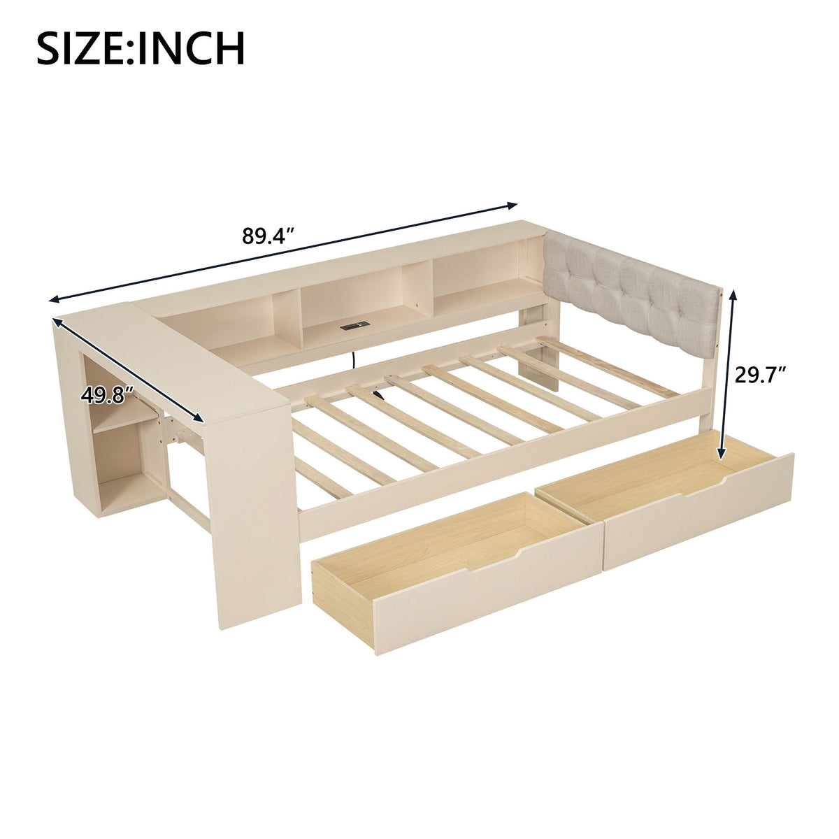 Upholstered storage platform bed with tufted gray headboard, built-in shelves and drawers on Tampa Home & Garden Store