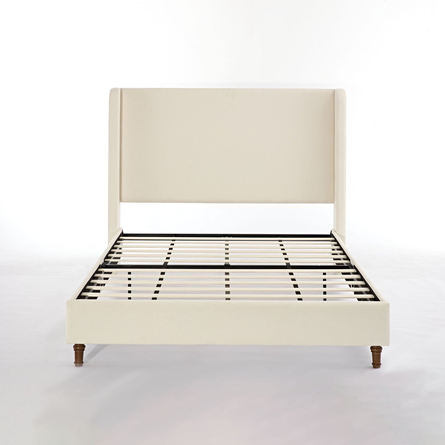Harper tall headboard upholstered bed in beige fabric with wooden legs by HouseOfZazla on Tampa Home & Garden Store