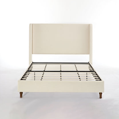 Harper tall headboard upholstered bed in beige fabric with wooden legs by HouseOfZazla on Tampa Home & Garden Store