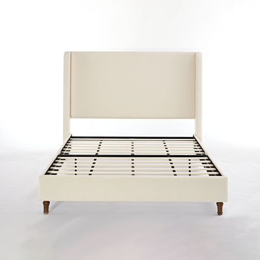 Harper tall headboard upholstered bed in beige fabric with wooden legs by HouseOfZazla on Tampa Home & Garden Store