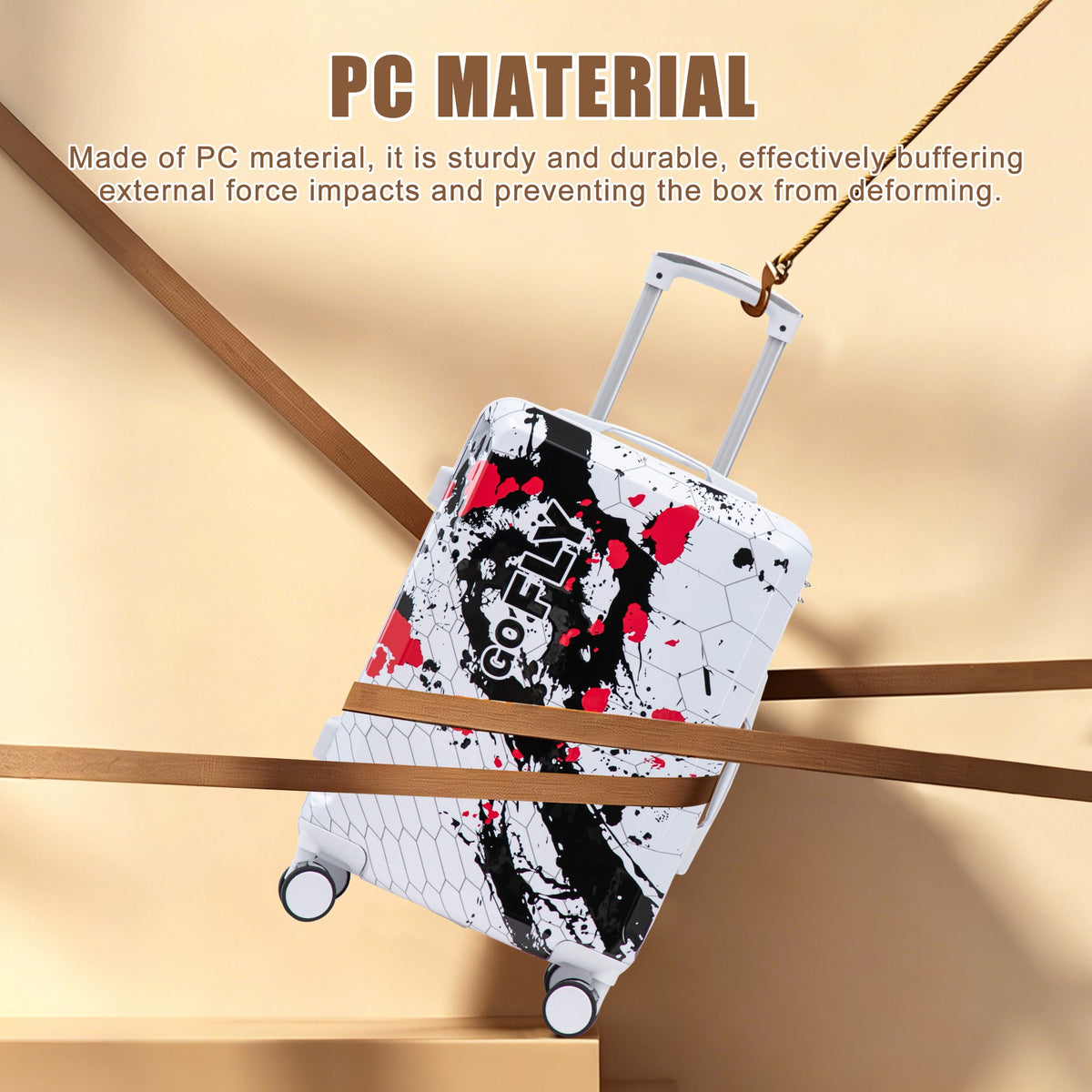 20 Inch PC Spinner Wheel Luggage with Combination Lock; HouseOfZazla white case with splatter on Tampa Home & Garden Store