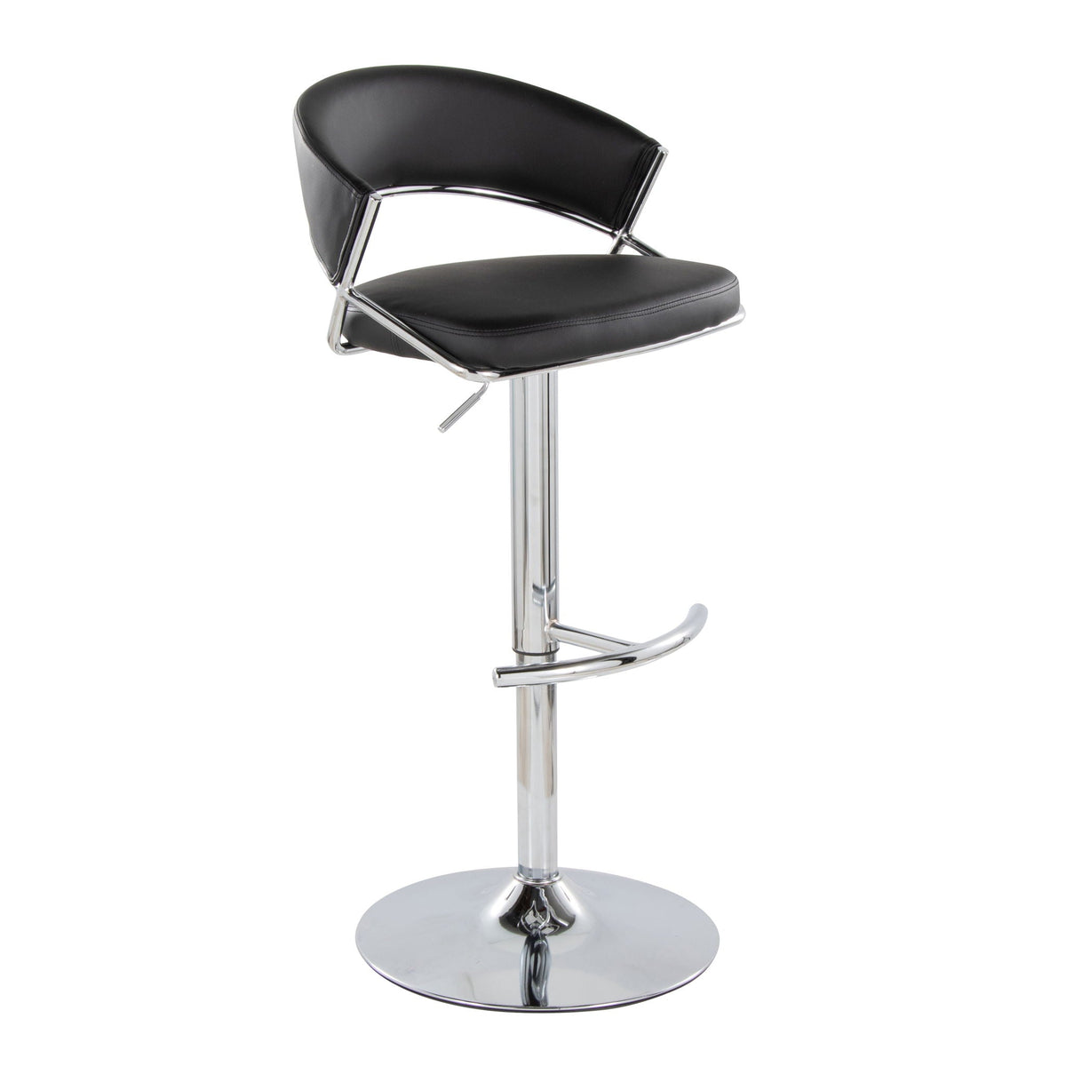 Contemporary adjustable barstool with swivel and footrest in black faux leather, chrome base on Tampa Home & Garden Store