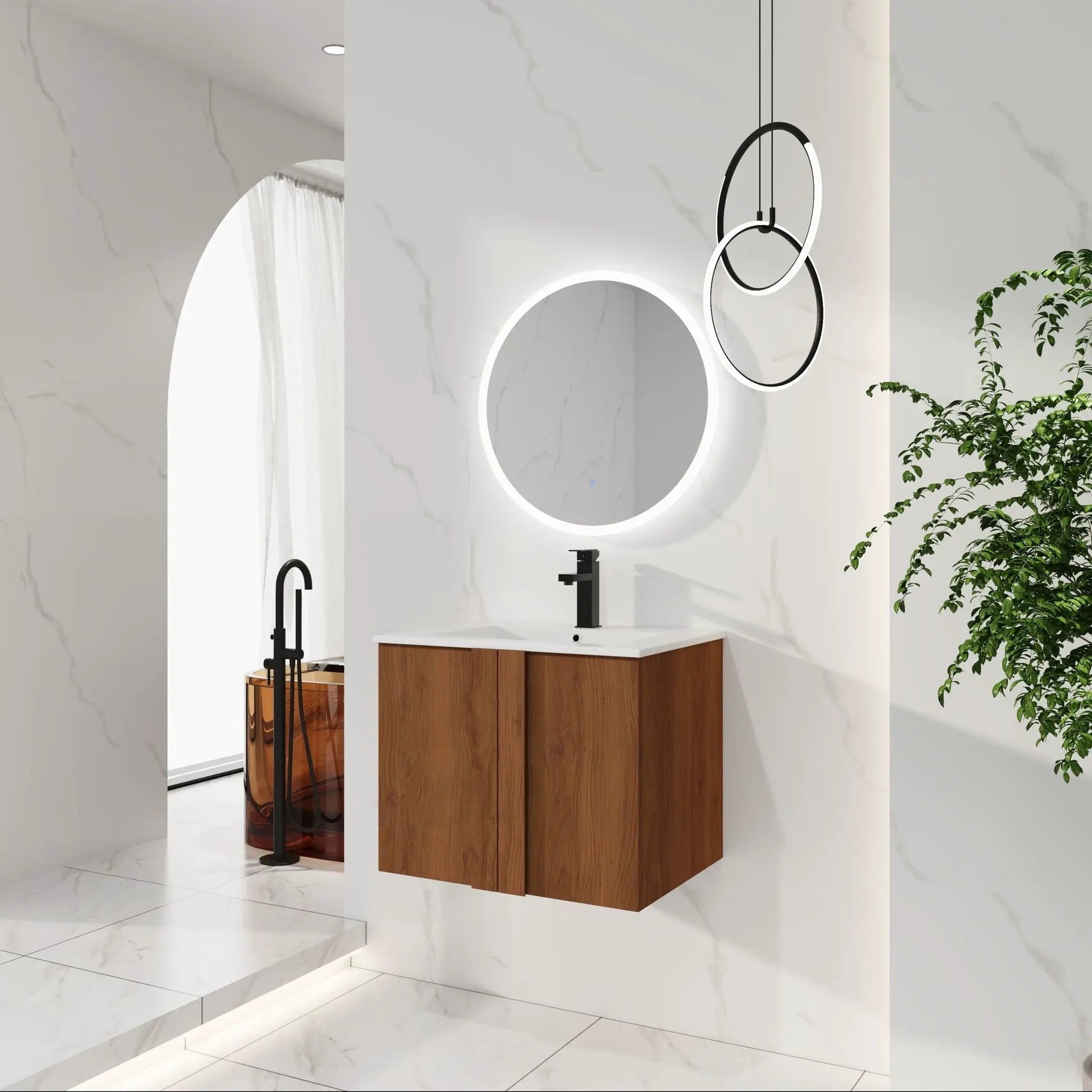 Floating vanity with sink by Unique Piece Furniture; wood cabinet, white countertop, LED mirror on Tampa Home & Garden Store