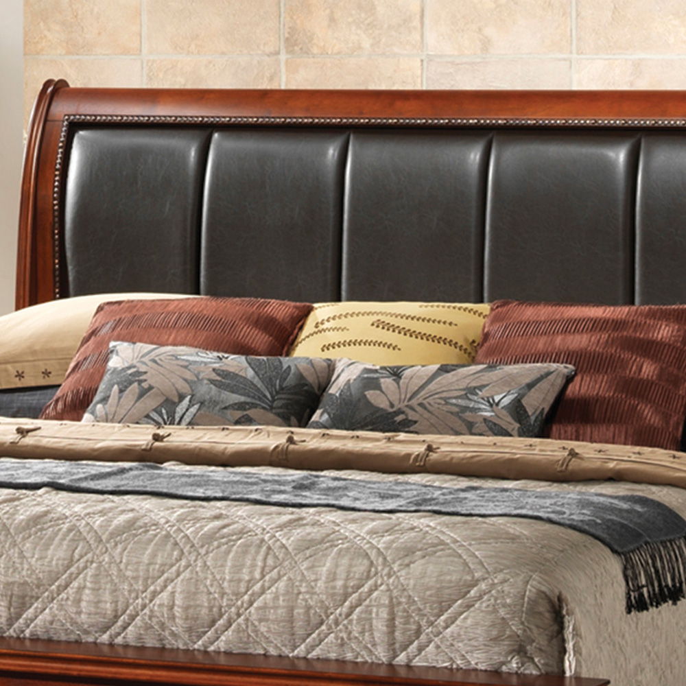 Lavita Storage Bed by HouseOfZazla with dark wood frame and black leather headboard, beige bedding on Tampa Home & Garden Store