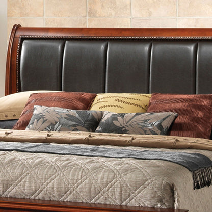 Lavita Storage Bed by HouseOfZazla with dark wood frame and black leather headboard, beige bedding on Tampa Home & Garden Store