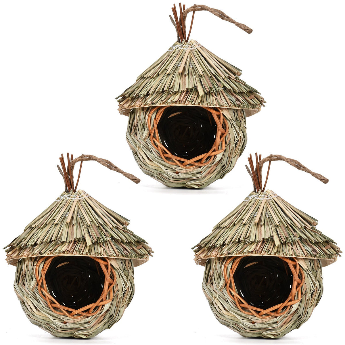 Natural straw hanging bird nests set of 5 with thatched roofs and woven entrances on Tampa Home & Garden Store