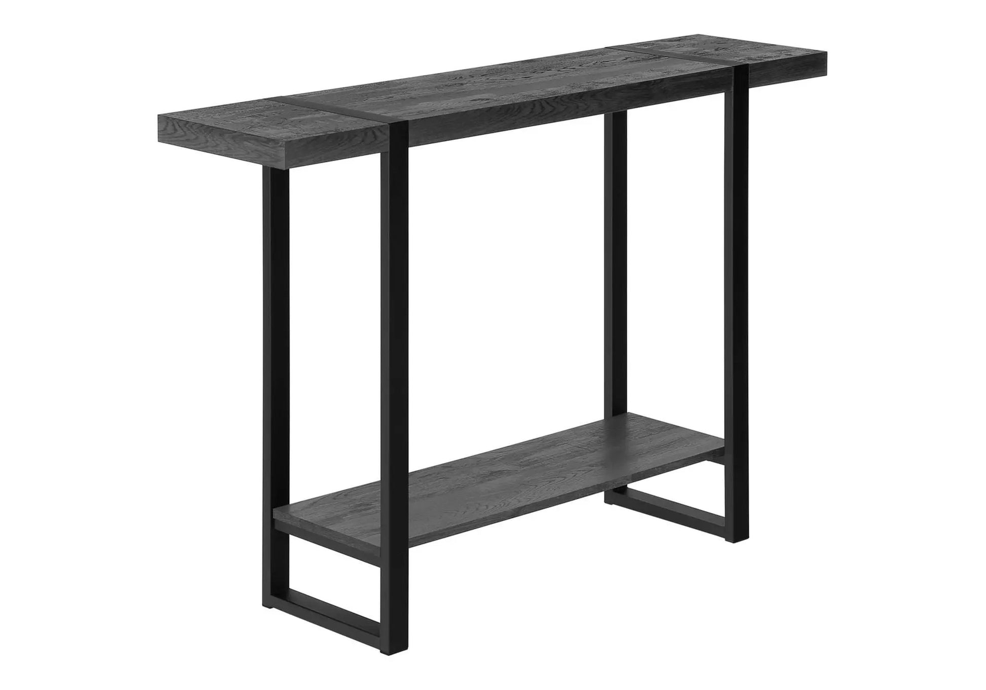 Accent Console Table for Entryway with black metal frame and dark wood shelves on Tampa Home & Garden Store