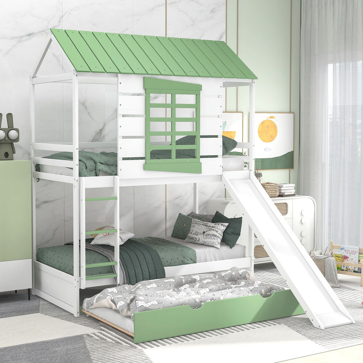 Twin over twin house bunk bed white with green roof, slide and trundle by HouseOfZazla on Tampa Home & Garden Store