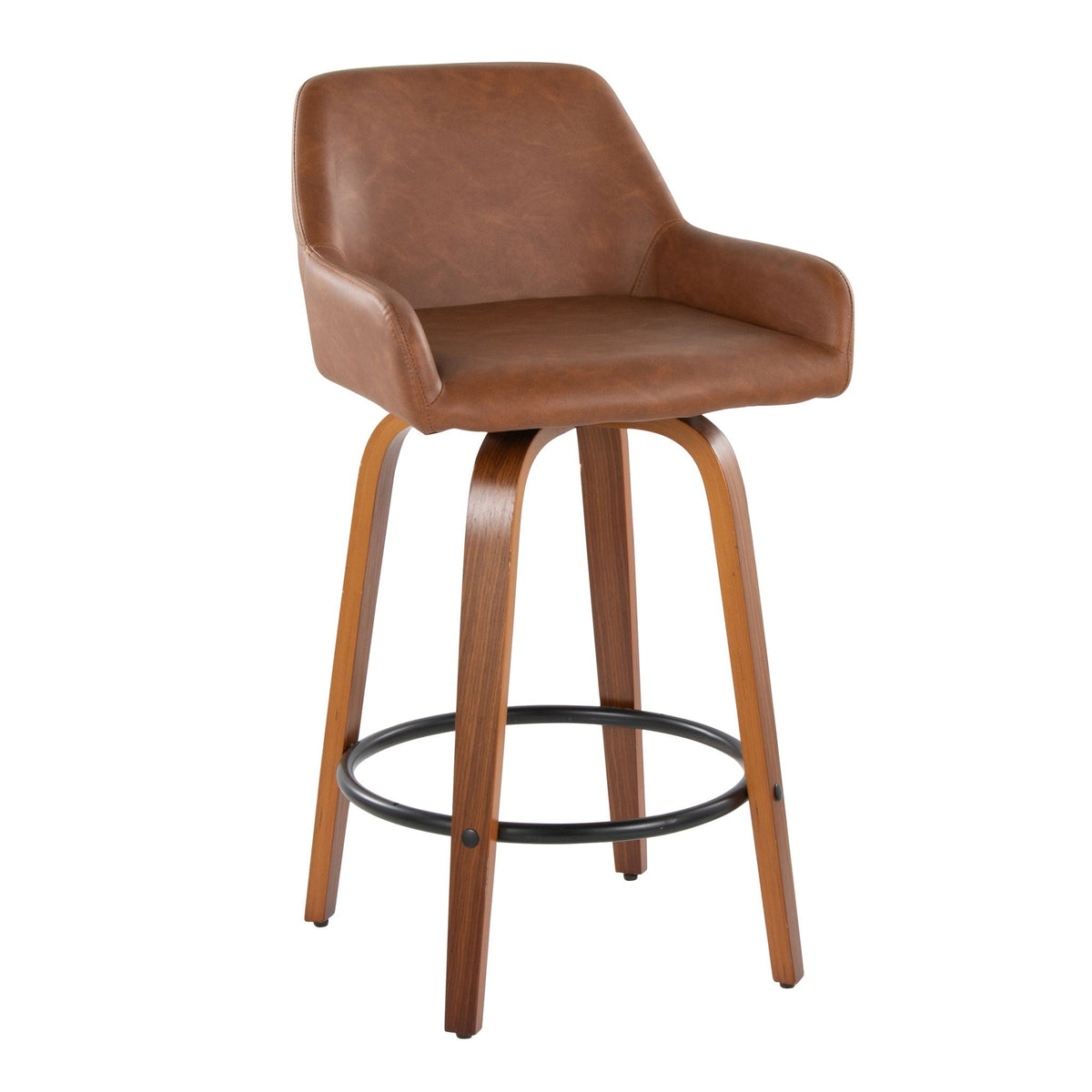 Contemporary fixed-height swivel counter stool set in brown leather with round footrest on Tampa Home & Garden Store