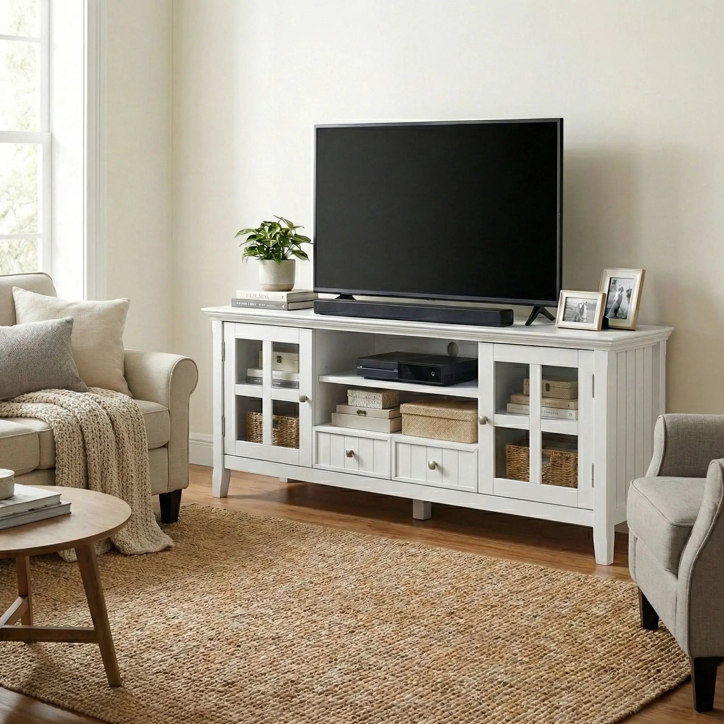 Acadian Media Stand with Glass Doors and Drawers