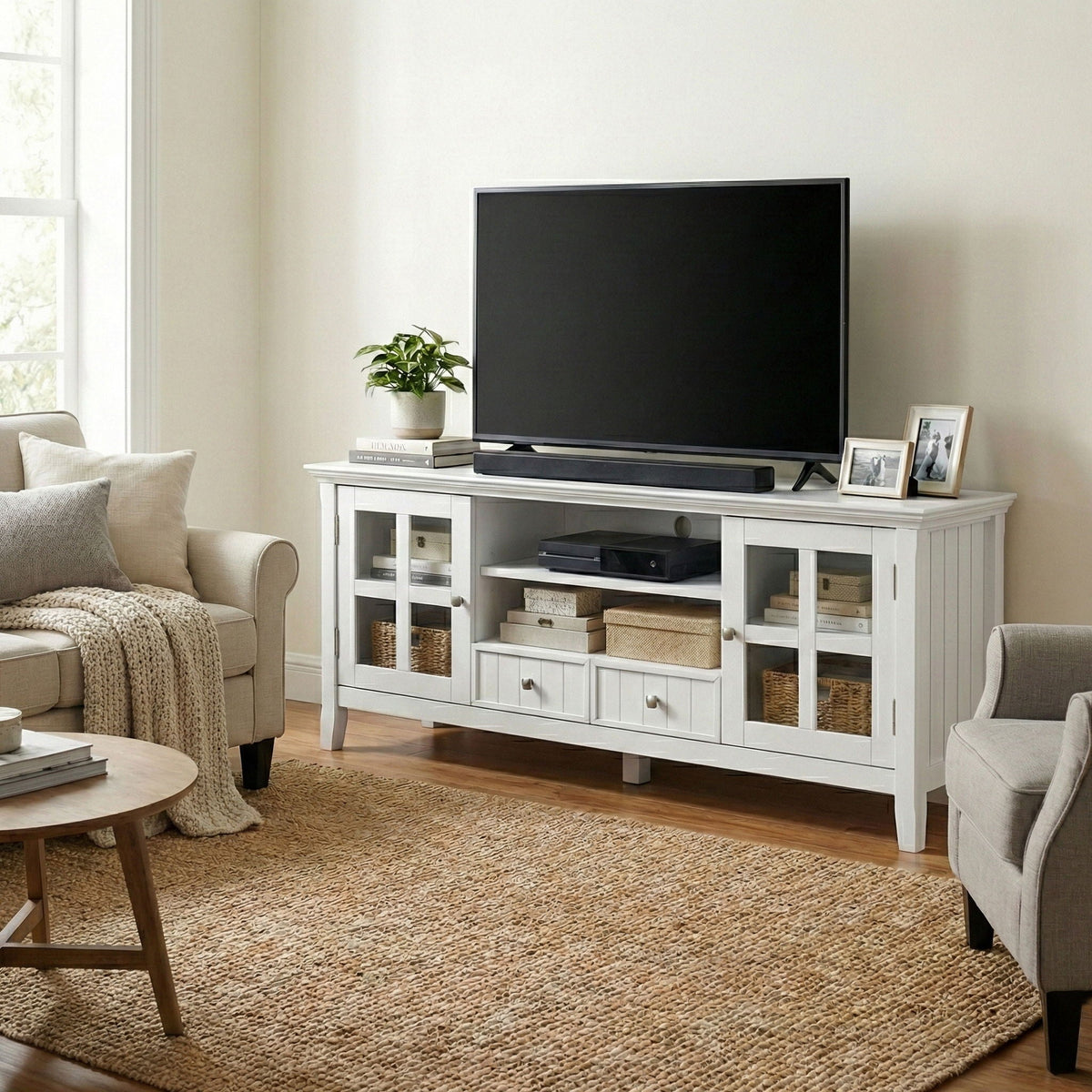 Solid wood TV stand with drawer and glass-front cabinets, white finish, holds TV and decor on Tampa Home & Garden Store