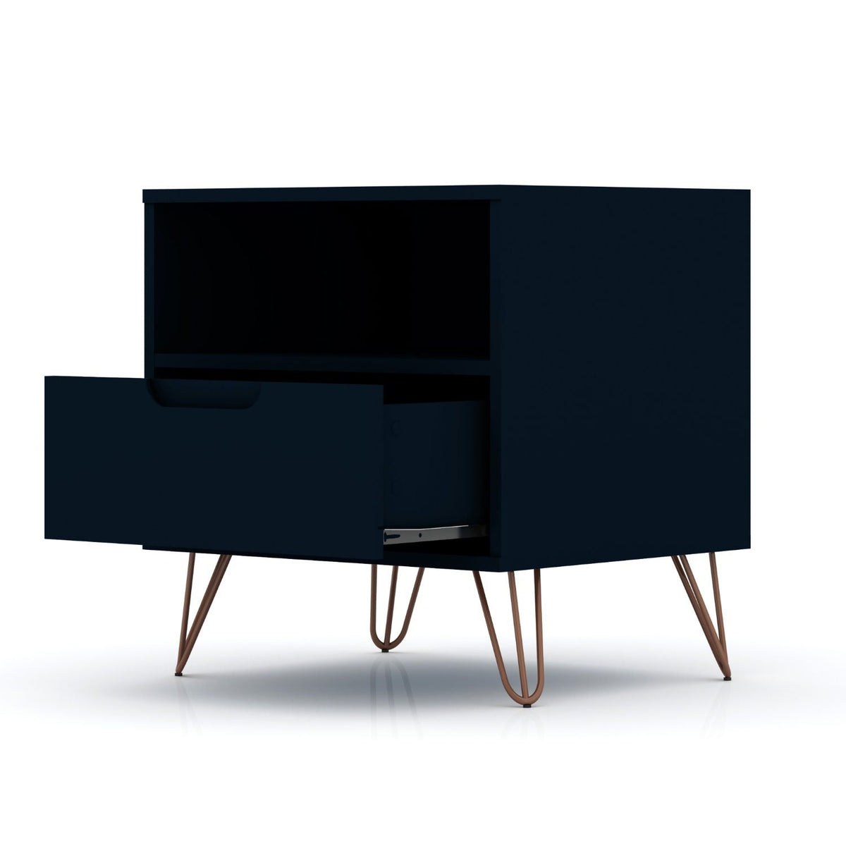 Rockefeller Nightstand with 1 Drawer and Splayed Legs navy blue copper legs by HouseOfZazla on Tampa Home & Garden Store