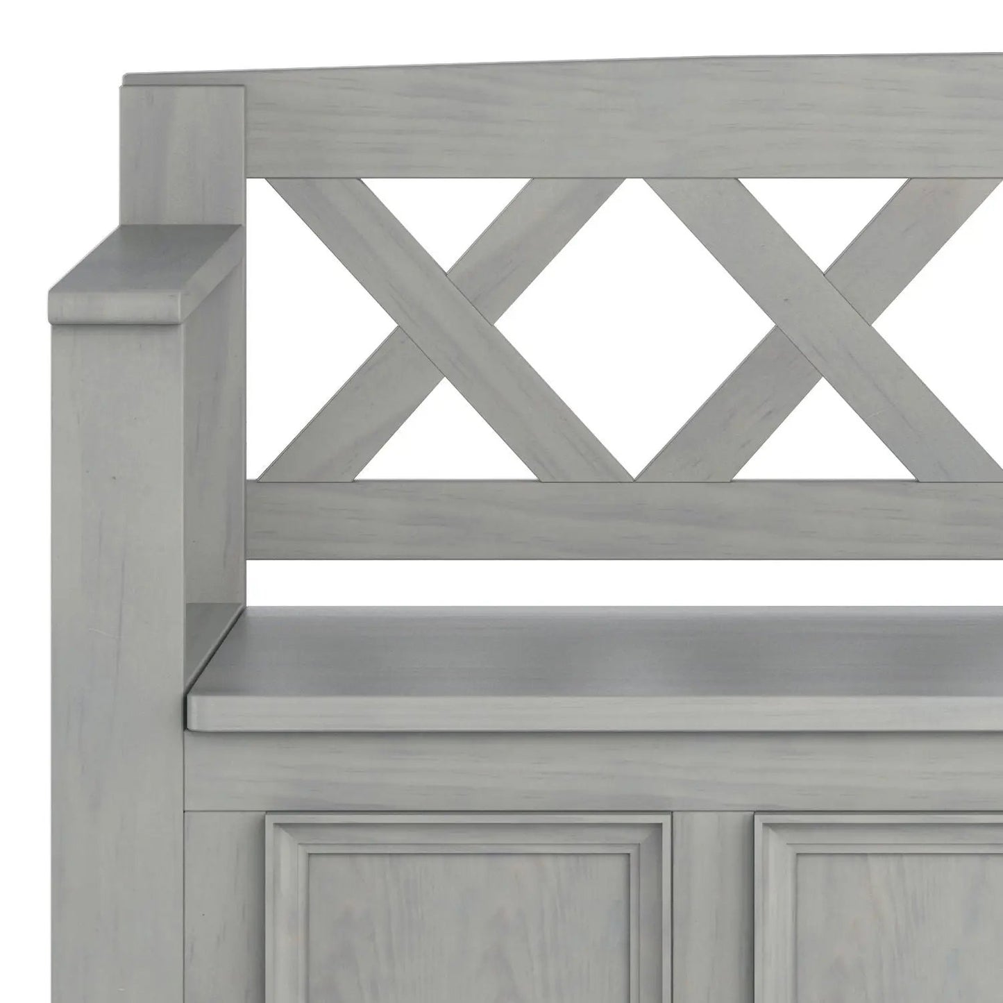 Amherst Entryway Storage Bench by Unique Piece Furniture, gray finish with X-back panel on Tampa Home & Garden Store