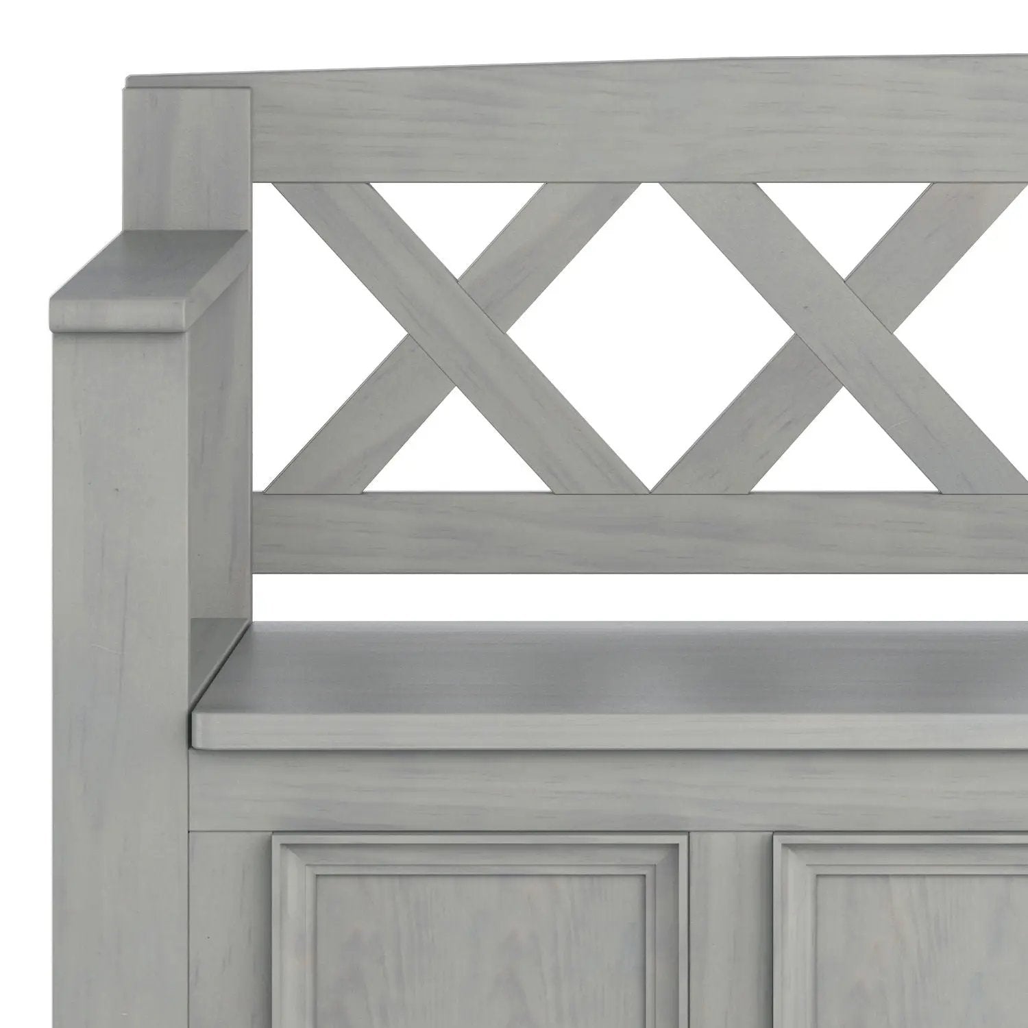 Amherst Entryway Storage Bench by Unique Piece Furniture, gray finish with X-back panel on Tampa Home & Garden Store