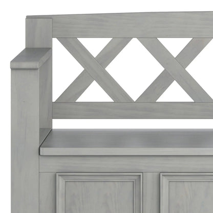 Amherst Entryway Storage Bench by Unique Piece Furniture, gray finish with X-back panel on Tampa Home & Garden Store