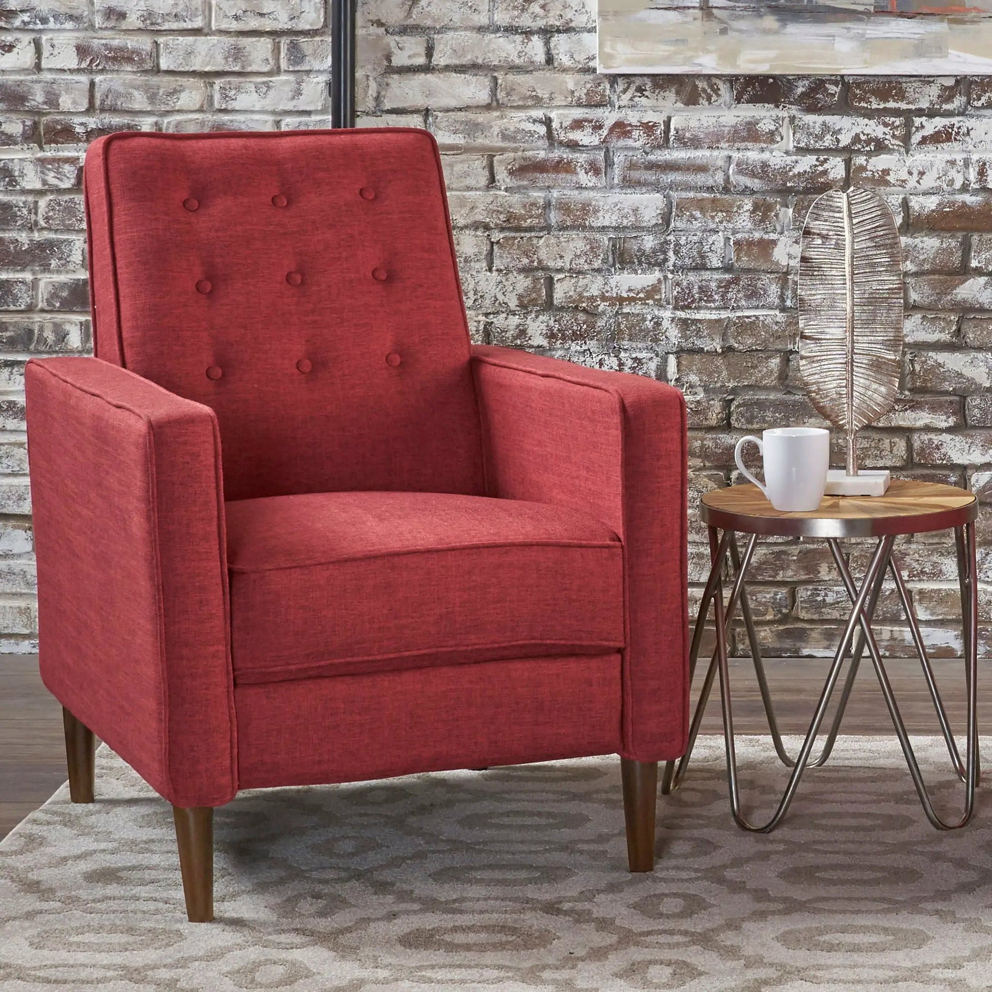 Mid-Century Modern red fabric recliner with button-tufted back and tapered wood legs on Tampa Home & Garden Store