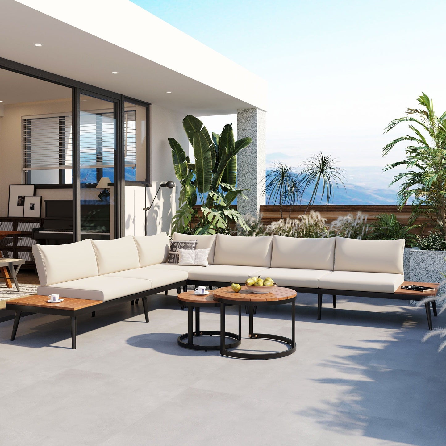 Modern outdoor sectional sofa set with nesting coffee tables, cream cushions, HouseOfZazla on Tampa Home & Garden Store