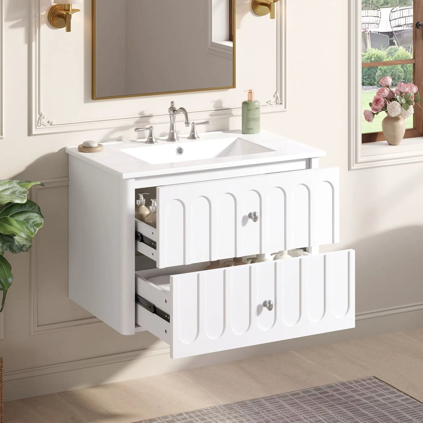 Floating white bathroom vanity with oval knobs, round-edge drawers and soft-close slides on Tampa Home & Garden Store