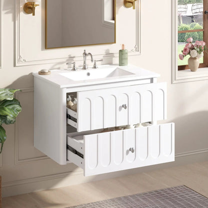 Floating white bathroom vanity with oval knobs, round-edge drawers and soft-close slides on Tampa Home & Garden Store