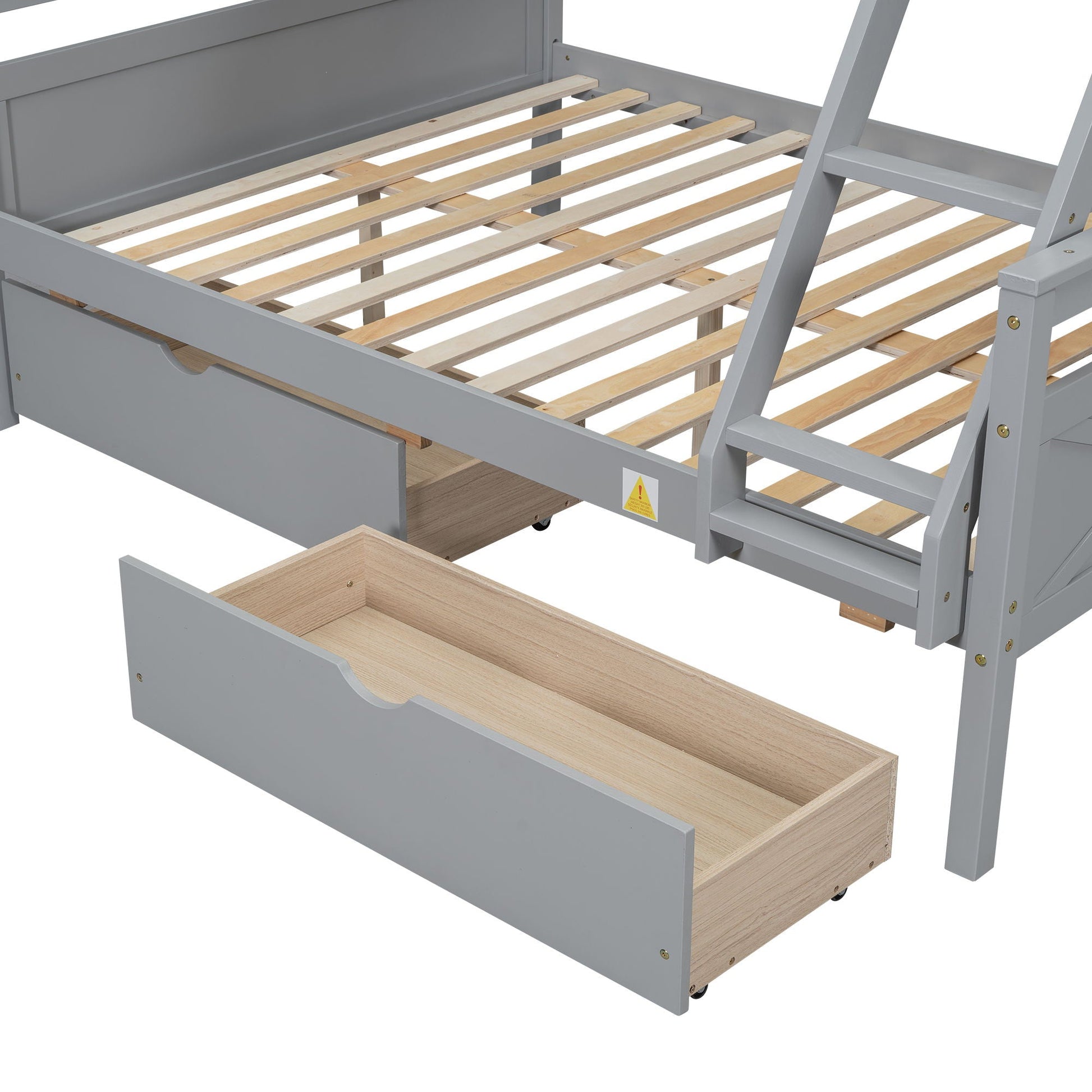 Bunk Bed with Ladder and Safety Guardrail, gray frame, wood slats, storage drawer, HouseOfZazla on Tampa Home & Garden Store