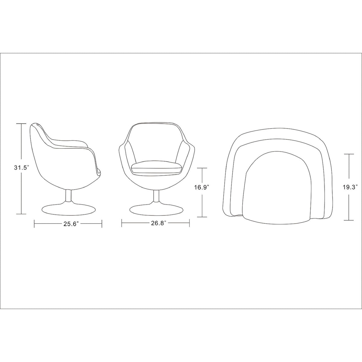 Caisson Swivel Lounge Chair HouseOfZazla side and front views with 31.5 in height and 25.6 in width on Tampa Home & Garden Store