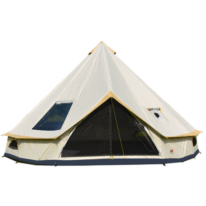 Yurt tent camping pyramid, cream canvas with yellow guy lines, My Store on Tampa Home & Garden Store