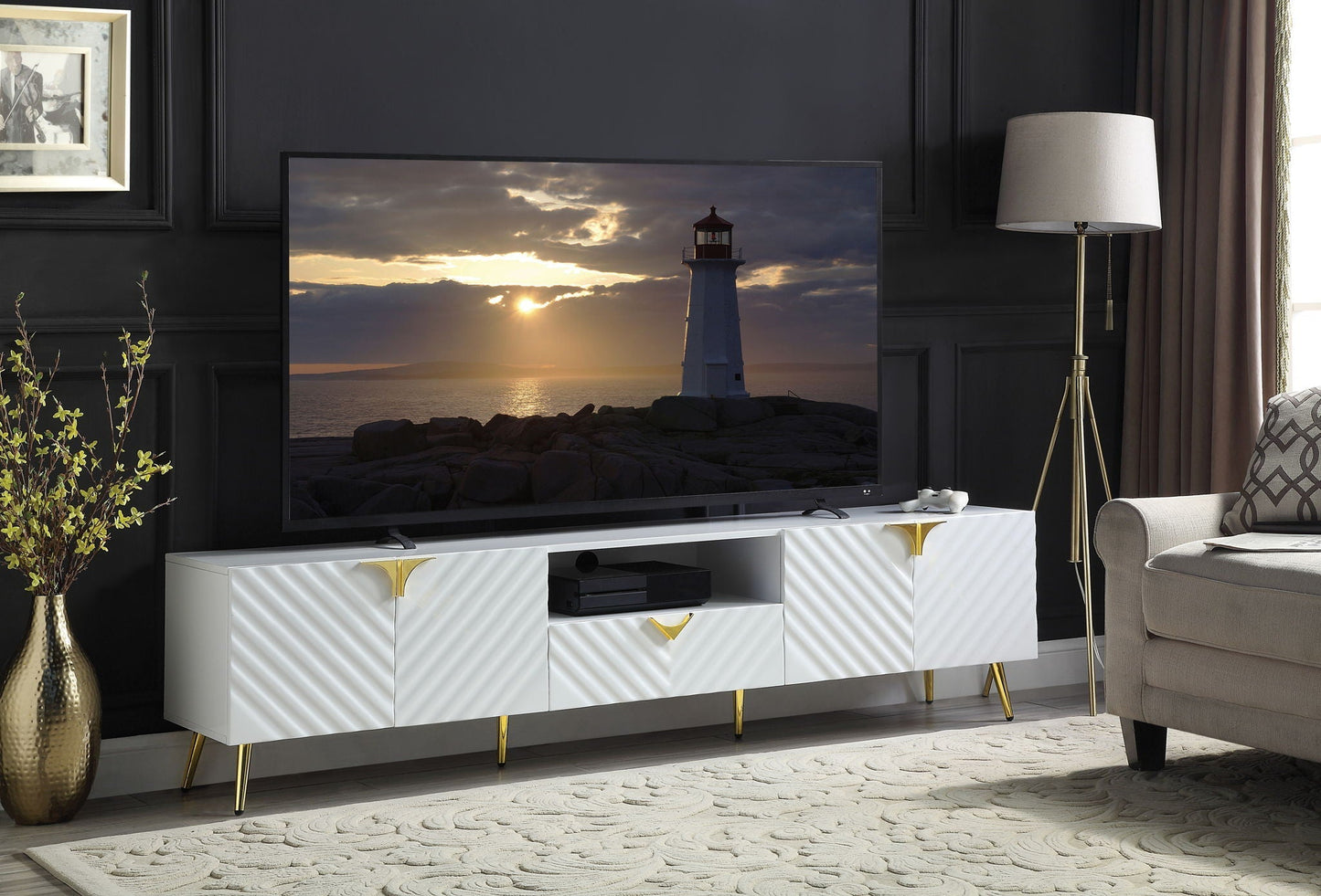 Gaines high-gloss white TV stand by HouseOfZazla with gold-tone legs and chevron drawer fronts on Tampa Home & Garden Store