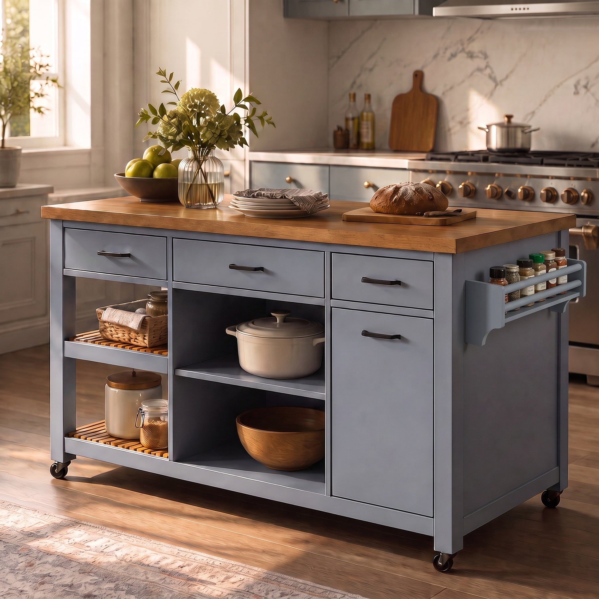 52-inch kitchen island cart with rubber wood top in blue-gray finish, drawers and open shelves on casters on Tampa Home & Garden Store