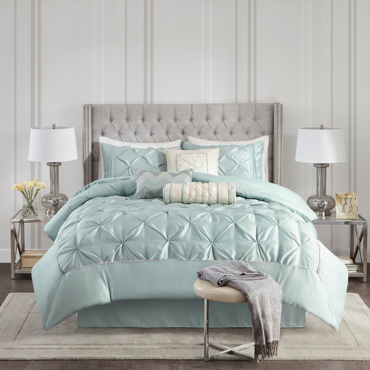 7 Piece Tufted Seafoam Comforter Set and a Cal King
