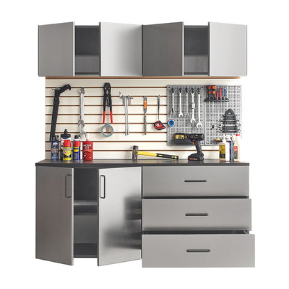 Garage cabinet set with soft-closing drawers in metallic gray by HouseOfZazla above a pegboard wall on Tampa Home & Garden Store