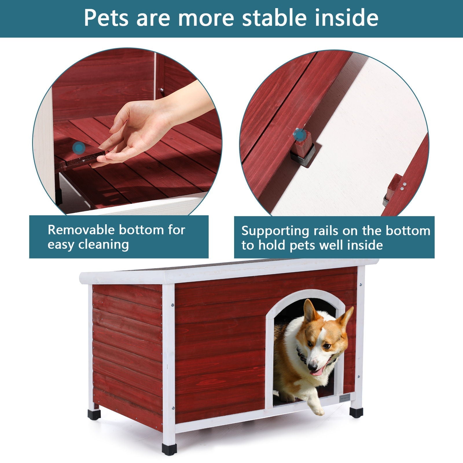 Medium red wooden outdoor dog house with white trim, corgi in doorway, HouseOfZazla on Tampa Home & Garden Store