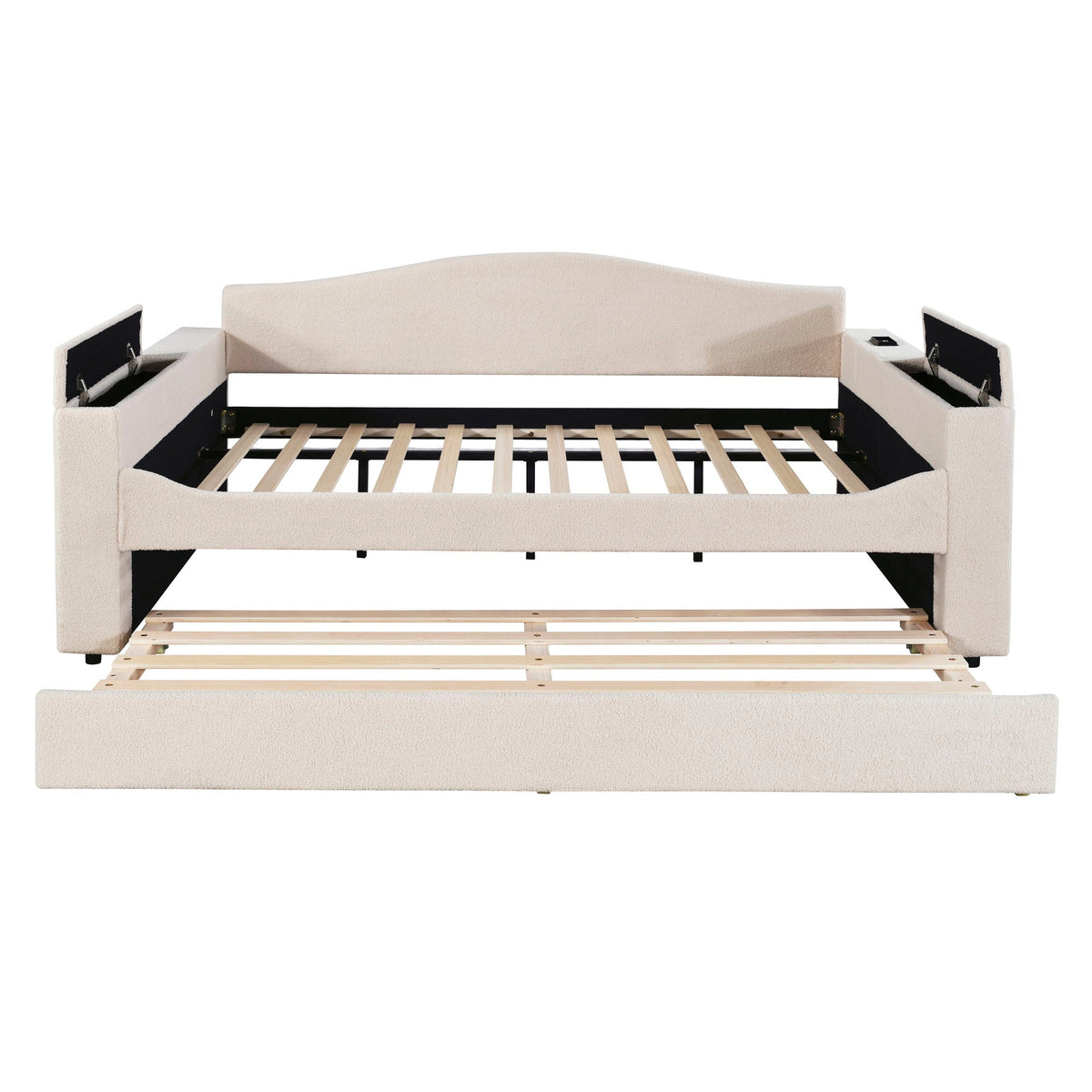 Beige upholstered daybed with storage armrests and trundle, black metal frame on Tampa Home & Garden Store