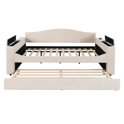Beige upholstered daybed with storage armrests and trundle, black metal frame on Tampa Home & Garden Store