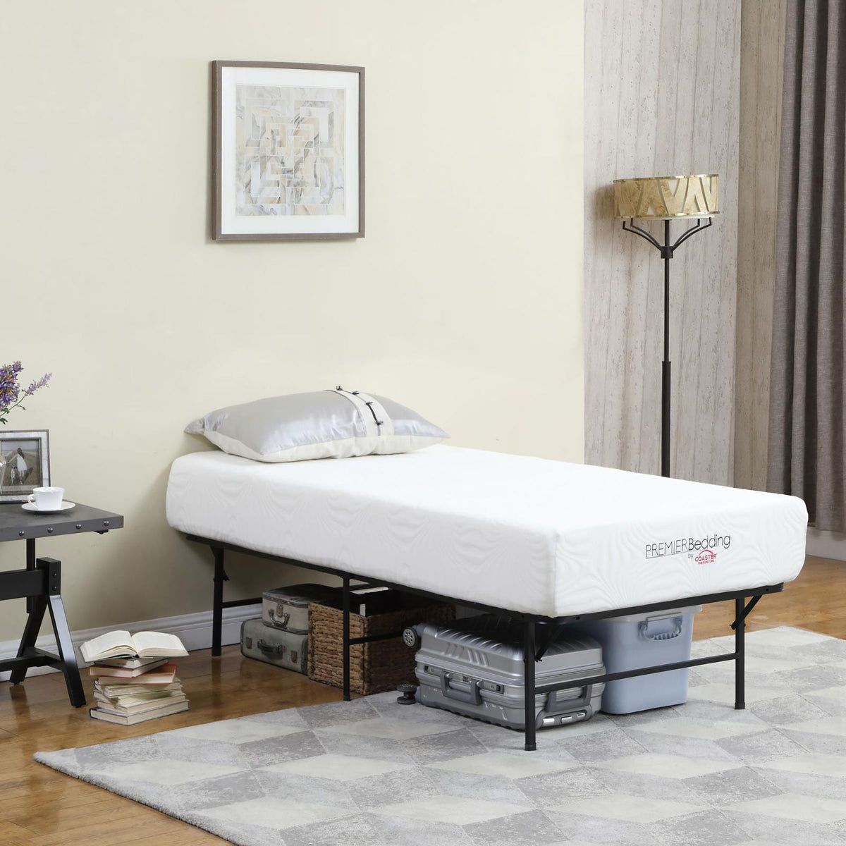 Mattress support with black metal frame and white mattress in a modern bedroom on Tampa Home & Garden Store